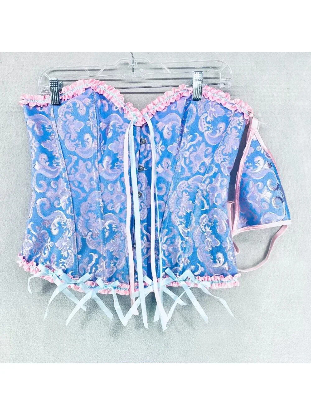 Womens Corset Large Blue Pink Satin Bustier Lingerie Set G String Bows
